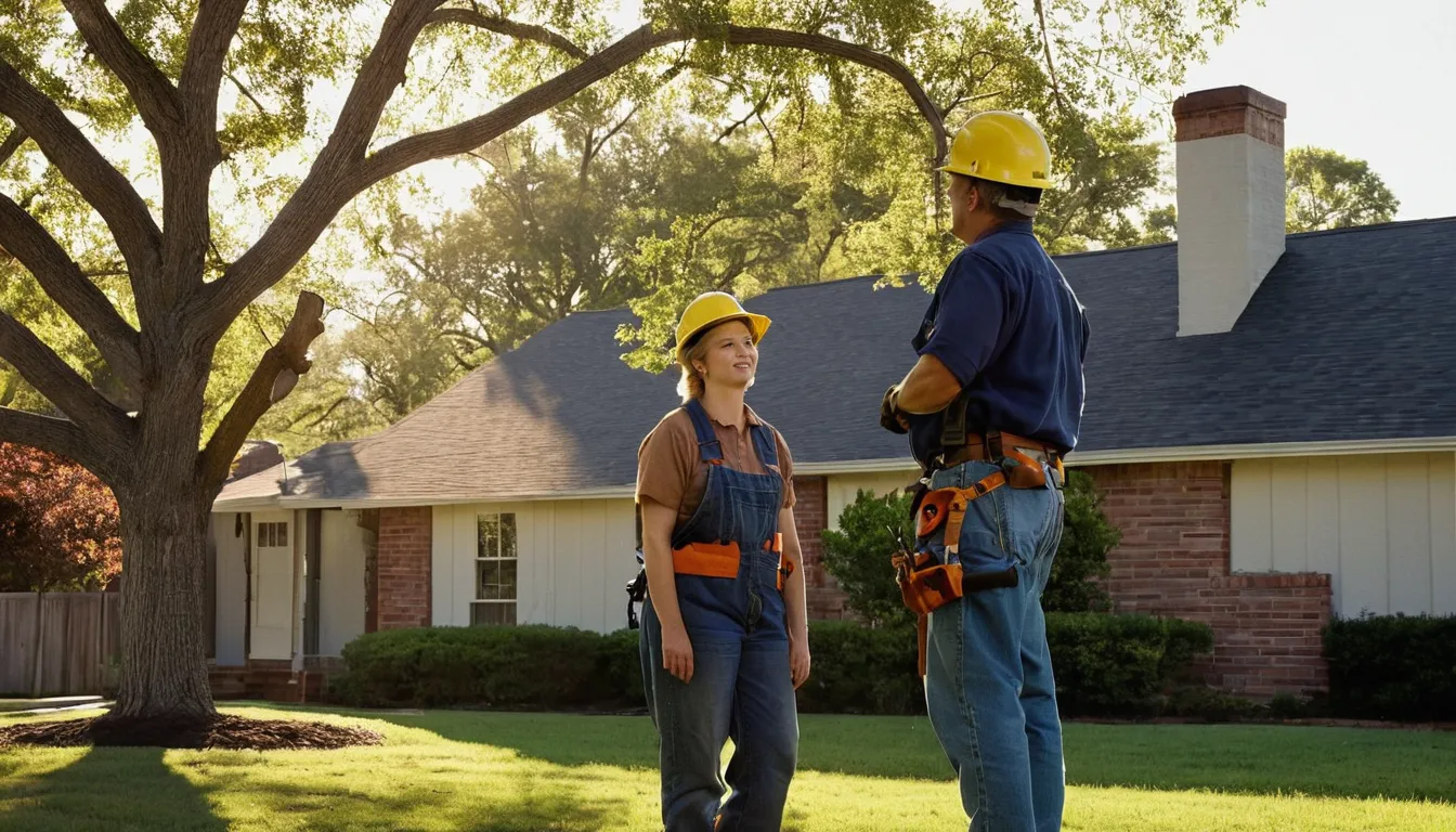 A homeowner in Birmingham talking with a local tree provider in front of a tall tree beside a brick ranch home